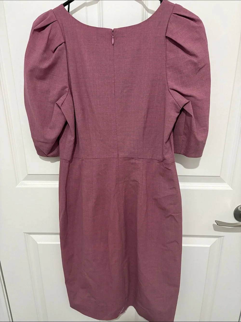 J. Crew Mauve Midi Sheath Dress with Puff Sleeves
